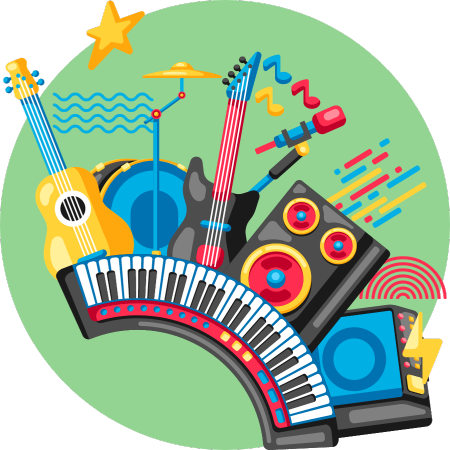 An illustration depicting a music festival theme with a variety of musical instruments including acoustic and electric guitars, a drum set, and a keyboard in a fluid design, accompanied by speakers, musical notes, and festive stars.