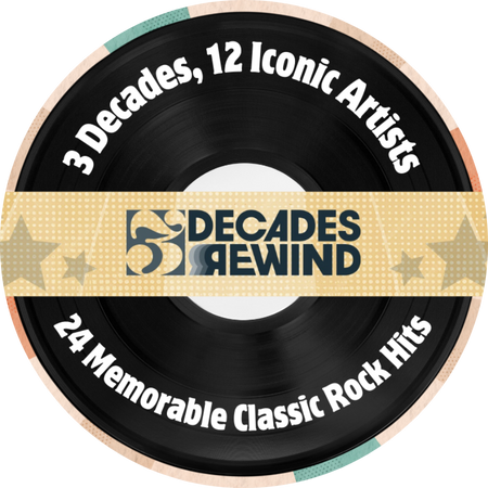 A stylized image of a vinyl record with a beige and dotted band across the center, featuring the logo and text 'Decades Rewind.' Bold white lettering arcs along the top and bottom of the record, reading '3 Decades, 12 Iconic Artists' and '24 Memorable Classic Rock Hits.' The design evokes nostalgia and celebrates classic rock music from multiple decades.